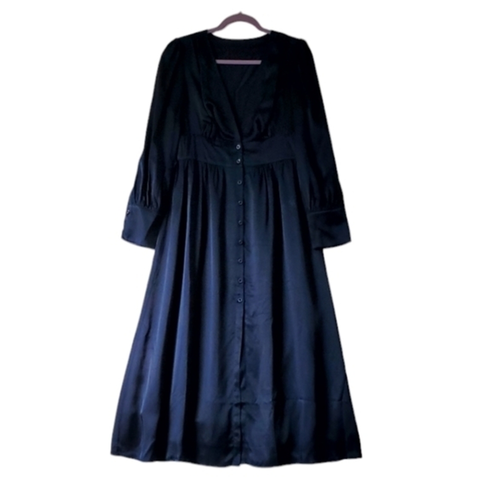 JNSQ Dark Navy Silky Soft Lined‎ Midi Dress Buttons Pleats Size 10 Women NWT